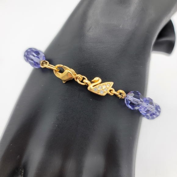 Swarovski Lavender Crystal Bead Bracelet Gold Swan Tag 7" Vintage - Picture 3 of 8